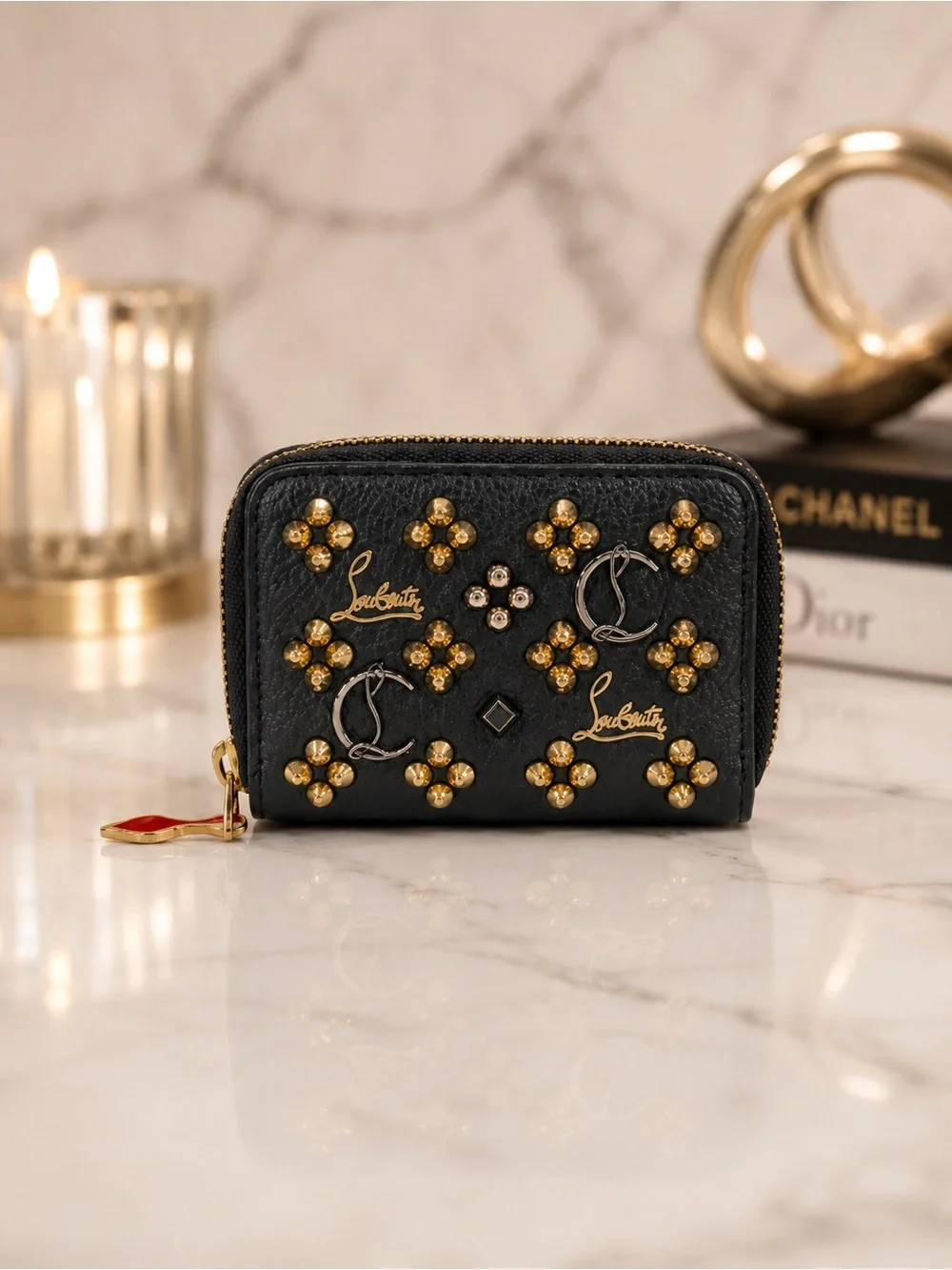 Christian Louboutin Black Leather Studded Compact Zip Wallet | COA + Dust Bag